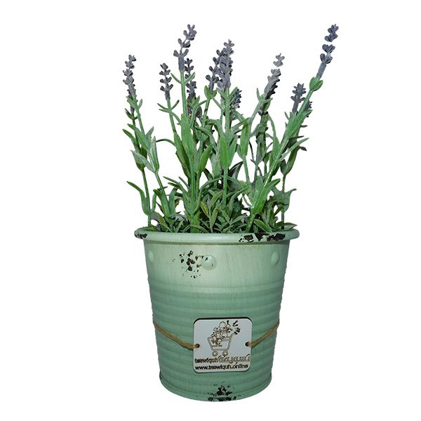 Artificial lavender plant in rustic metal pot with purple flowers