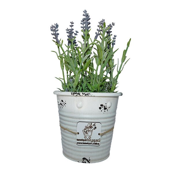 Artificial lavender plant in rustic metal pot with purple flowers