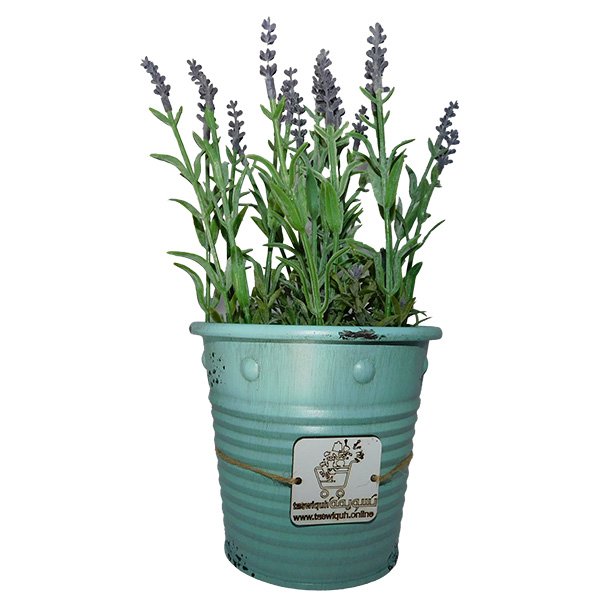 Artificial lavender plant in rustic metal pot with purple flowers
