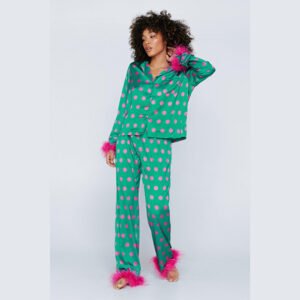 Polka Dot Feather Trim Pajama Set 2