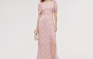 Floral Print Ruched Sleeve Maxi Dress-Beige (1)