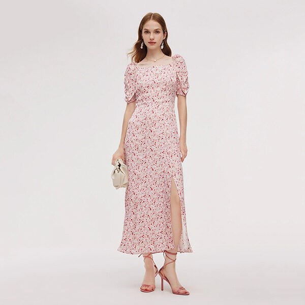Floral Print Ruched Sleeve Maxi Dress-Beige (1)
