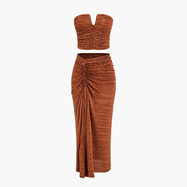 Ruched Bustier Crop And Draped Skirt Set