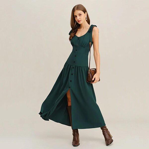 Green Ruched V-Neck Maxi Dress (1)