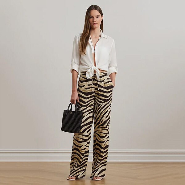 RL Zebra Print Linen Pants-Cream