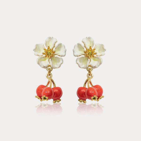 Cranberry Flower Enamel Earrings-18K Gold Cranberry Flower Enamel Earrings-18K Gold