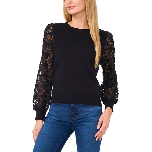 CeCe 3D Floral Lace Combo Sweater (1) CeCe 3D Floral Lace Combo Sweater