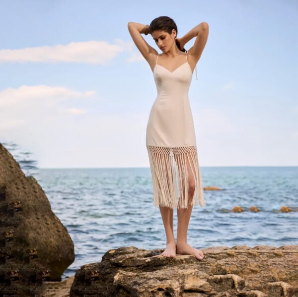 Linen Midi Dress with Fringe-Beige - Image 2