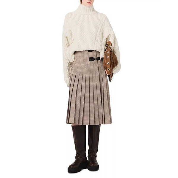 Maje Jeligora Pleated Midi Skirt-Brown