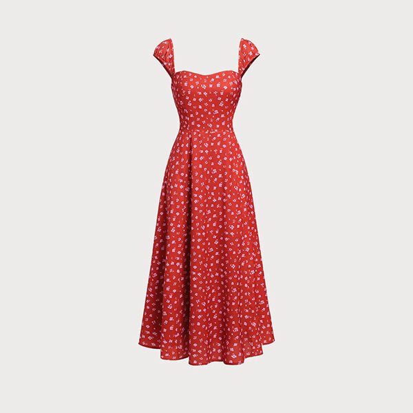 Red Floral Sweetheart Midi Dress