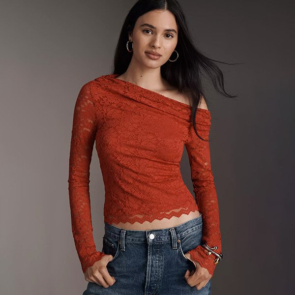 AFRM Barry Asymmetric Lace Top-Poppy Red