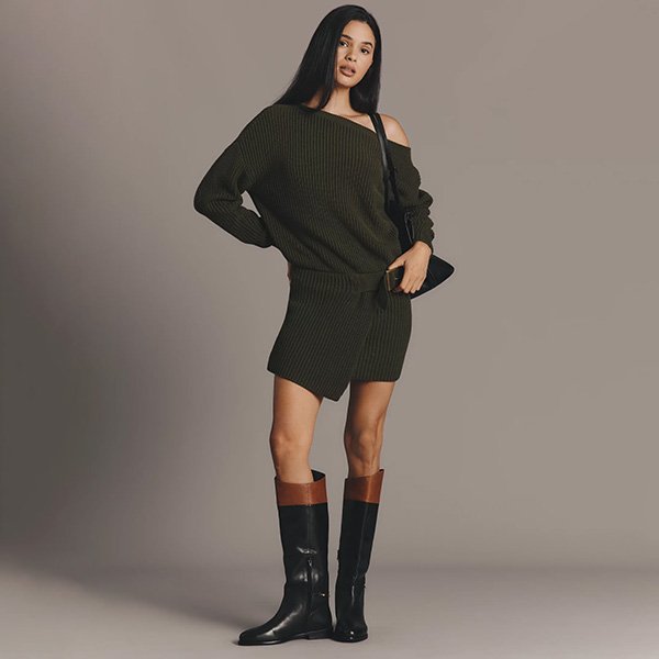 Anthropologie Belted Mini Sweater Dress-Green