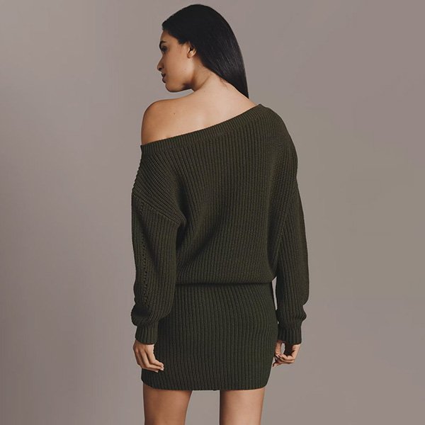 Anthropologie Belted Mini Sweater Dress-Green