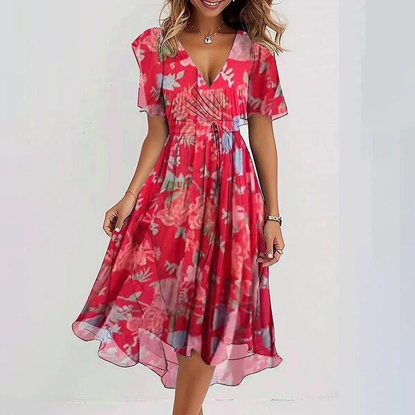 Women's chiffon printed dress with V-neck and short sleeves for summer
