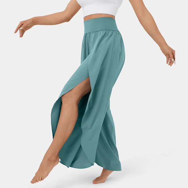 High waist split yoga pants in lake green with wide leg palazzo style and side slits