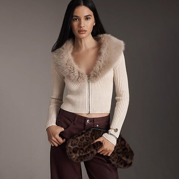 Pilcro Faux Fur Shrunken Cardigan-Off-White