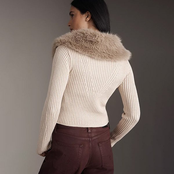 Pilcro Faux Fur Shrunken Cardigan-Off-White 3 Pilcro Faux Fur Shrunken Cardigan-Off-White - Image 3