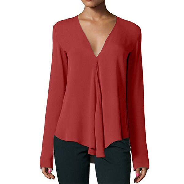 Deep V-neck Long-sleeved Loose Chiffon Shirt (4) Deep V-neck Long-sleeved Loose Chiffon Shirt