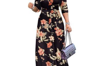 Flower Print V-Neck Swing Dress with Mid-Length Sleeves (6)