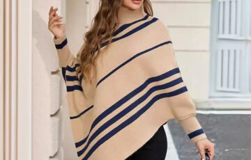 Half Turtleneck Striped Batwing Sweater (1)