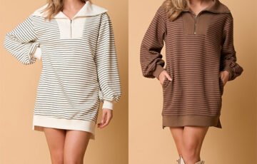 Long Sleeve Polo Collar Stripes Loose Dress (1)