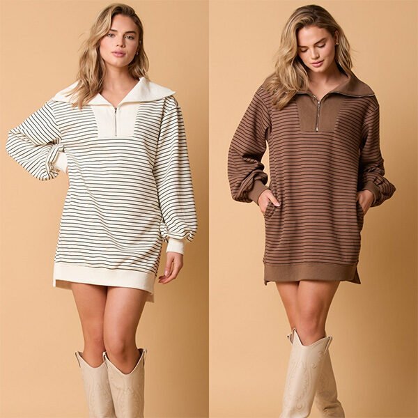 Long Sleeve Polo Collar Stripes Loose Dress