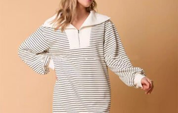 Long Sleeve Polo Collar Stripes Loose Dress (2)