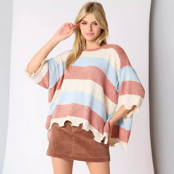 Women's stripe knit top in blue with quarter sleeves and pullover style