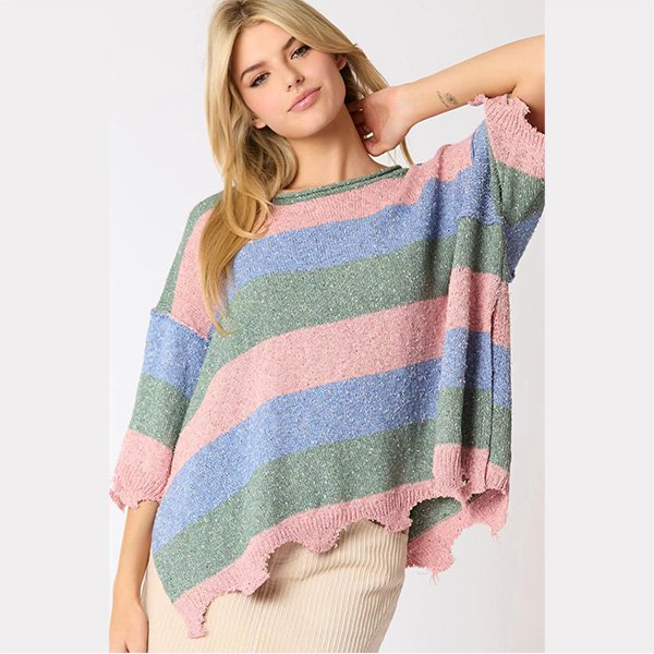 Women's stripe knit top in blue with quarter sleeves and pullover style