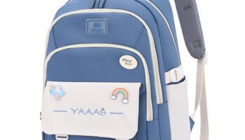Waterproof Oxford school backpack with rainbow design and multiple compartments