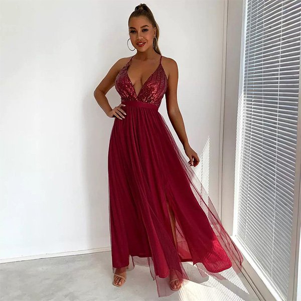 V-neck sequin mesh maxi dress in navy blue with high split and spaghetti straps