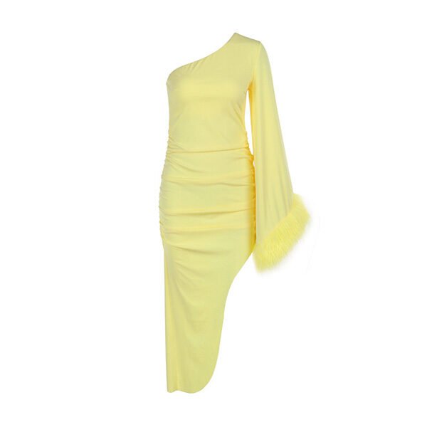 Bodycon dress with one shoulder and feather trim sleeves