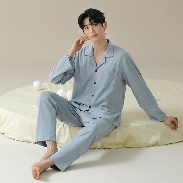 Couple Pajamas Set in cotton with long sleeves and chest pad option