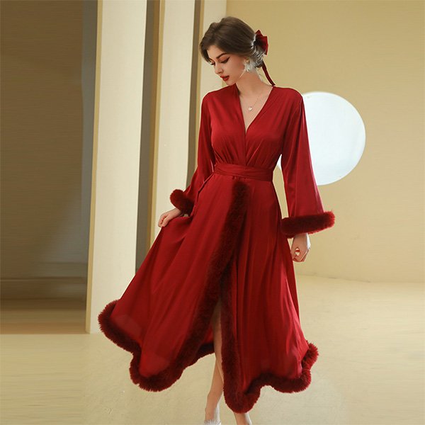 Women's kimono satin bathrobe in dark red with long polyester design