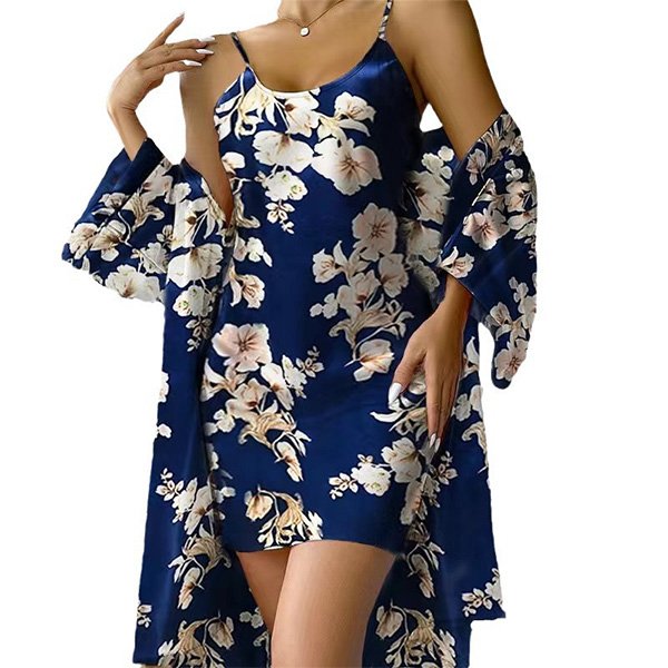 Ladies satin nightdress set in black cherry with thin polyester slip dress and lace-up robe