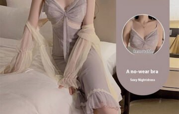 Long Ice Silk Pajamas Set With Chest Pad (1)