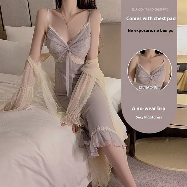 Long Ice Silk Pajamas Set With Chest Pad (1) Long Ice Silk Pajamas Set With Chest Pad