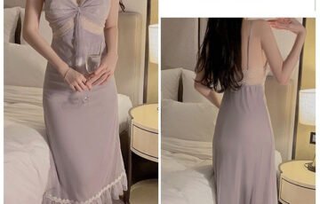 Long Ice Silk Pajamas Set With Chest Pad (5)