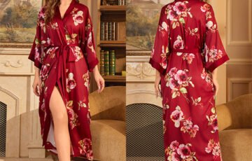 Luxury Red Satin Lace-up Bathrobe Nightgown (9)