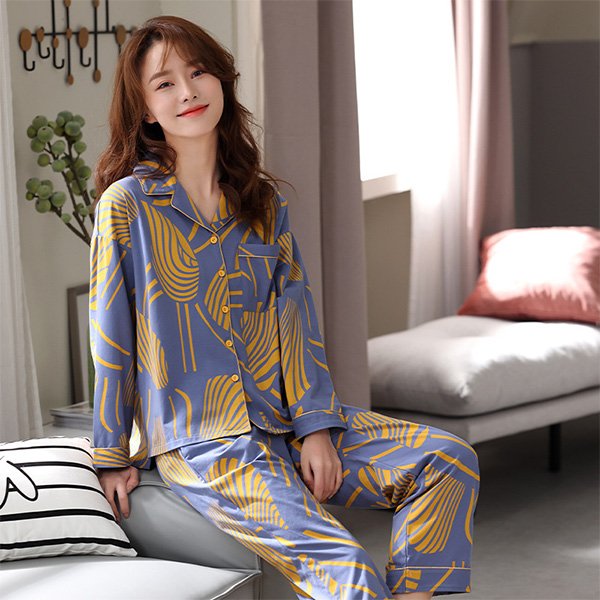 Women's cotton cardigan pajama set with lapel collar and long sleeve