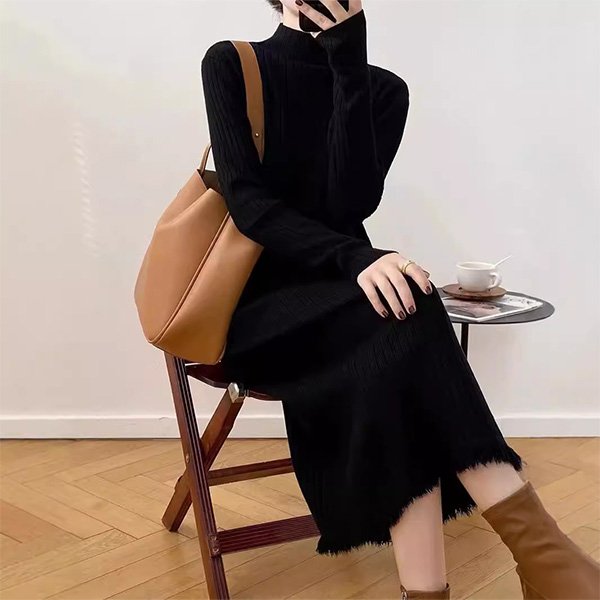Ribbed Knit Sweater Dress with mock neck and tassel hem