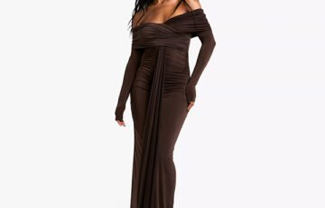 Ruched Bardot Long Sleeve Maxi Dress (1)