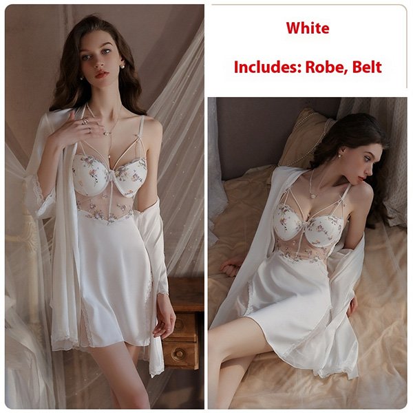 Underwire mesh nightdress set with satin robe and built-in push-up pads