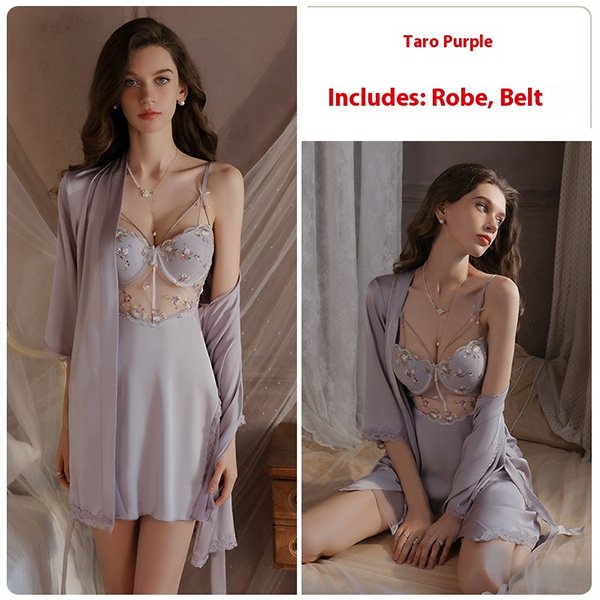 Underwire mesh nightdress set with satin robe and built-in push-up pads