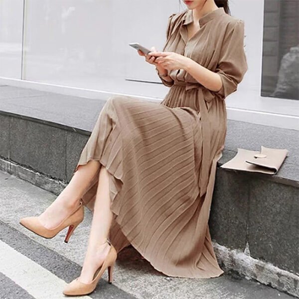 Women's chiffon pleated dress with long sleeves and A-line silhouette