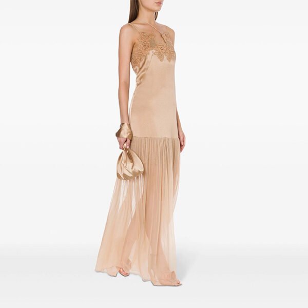 Alberta Ferretti Lace-Trimmed Satin Gown