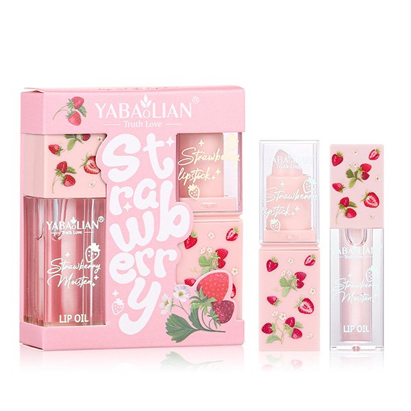 2-in-1 lipstick and lip gloss set in strawberry with moisturizing formula