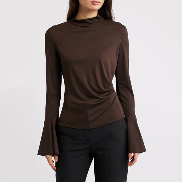 MANGO Ruched Bell Sleeve Top in Brown