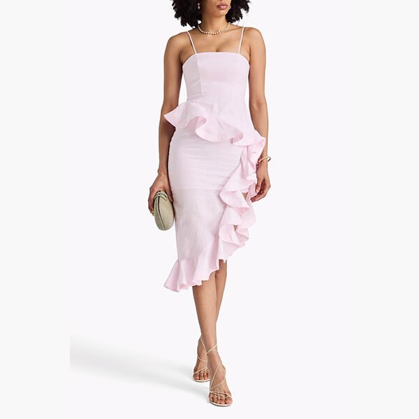 Zimmermann asymmetric dress in baby pink with linen ruffle and internal boning