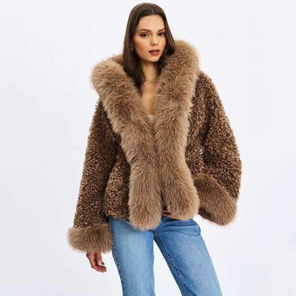 Miss Circle Faux Shearling Kali Coat in Brown